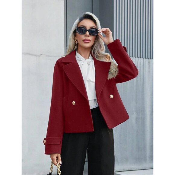 double gold button classic peacoat minimalist preppy pea coat jacket black - Picture 3 of 7